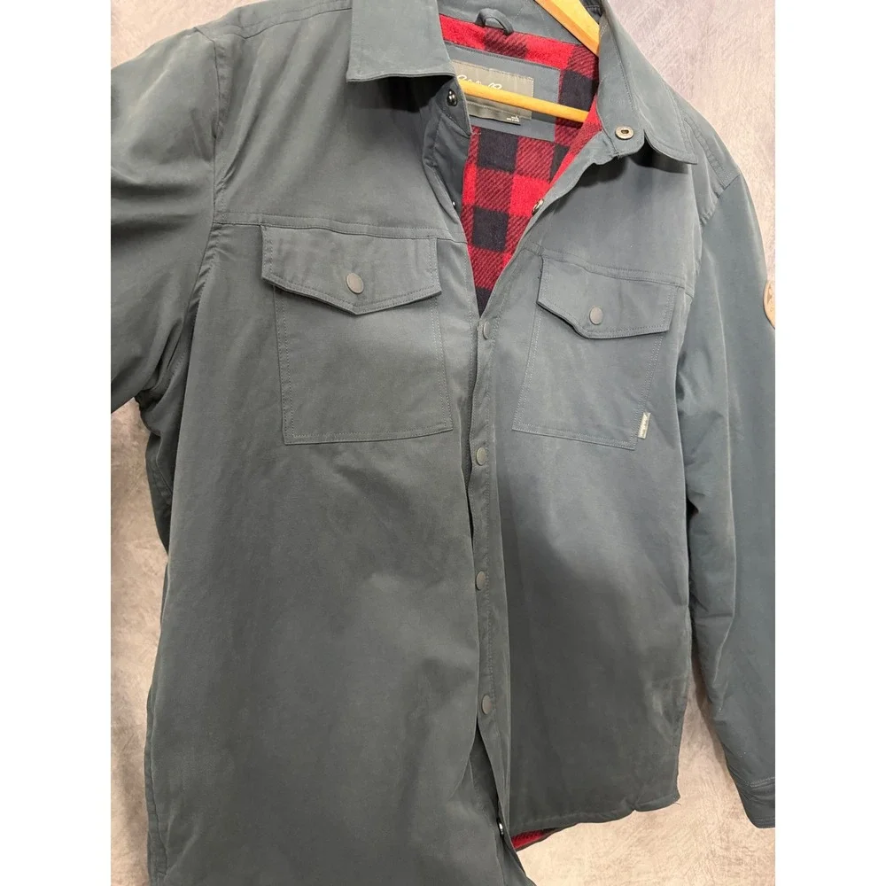 Eddie Bauer Mens Flannel Lined Shirt Jacket Blue Gray Plaid Snap Front EM32LW904